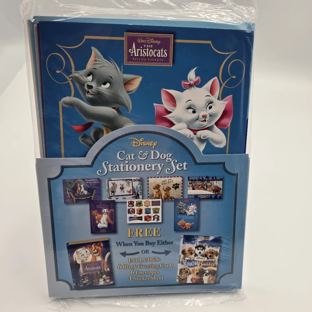 Bundle Of 3 Disney Cat & Dog Stationary Cards Sticker Aristocats Snow Buddies